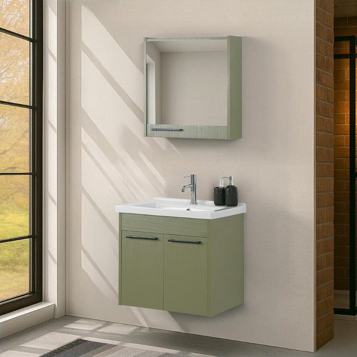 Mobile bagno sospeso 65 cm verde effetto legno con armadietto a specchio Sofia