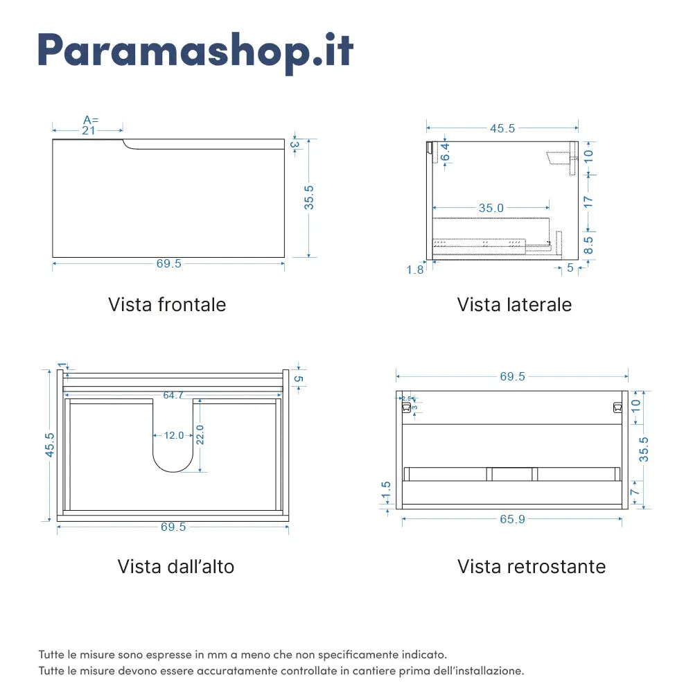 Mobile bagno sospeso 70 cm un cassetto carta da zucchero con top | Ardenne