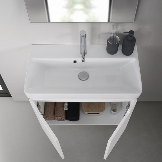Mobile bagno sospeso 70 cm bianco lucido salvaspazio con specchio Clip