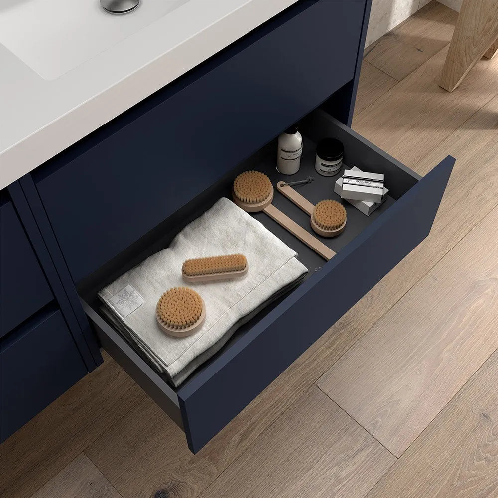 Mobile bagno sospeso 70 cm blu satinato con specchio e lavabo Gaya