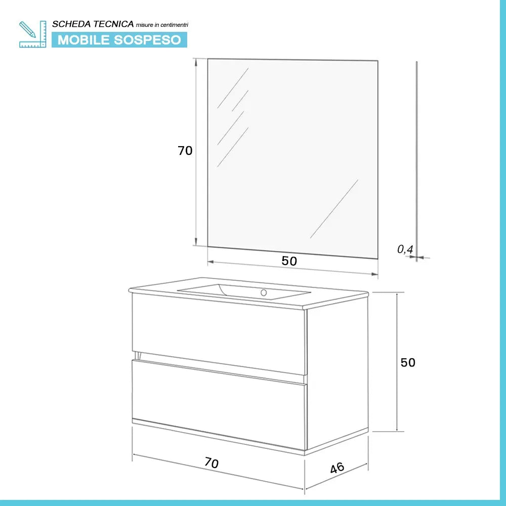 Mobile bagno sospeso 70 rovere bianco completo con 2 cassetti Nadia