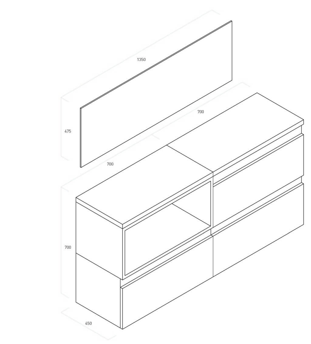 Composizione Mobile Bagno 70cm Sospeso 3 Cassetti Specchio E Lampada - Tabacco Chiaro