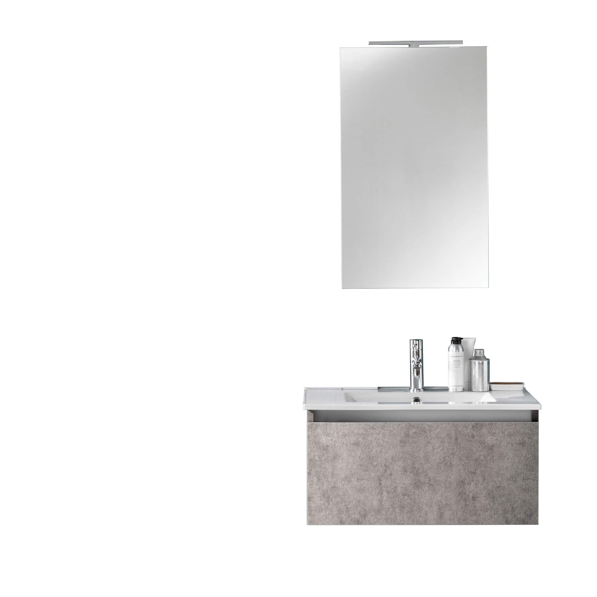 Composizione Mobile Bagno 70cm Sospeso Cassetto Specchio E Lampada - Cemento