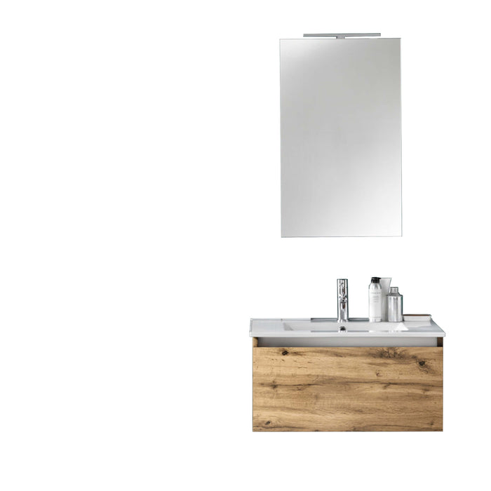 Composizione Mobile Bagno 70cm Sospeso Cassetto Specchio E Lampada - Rovere Miele
