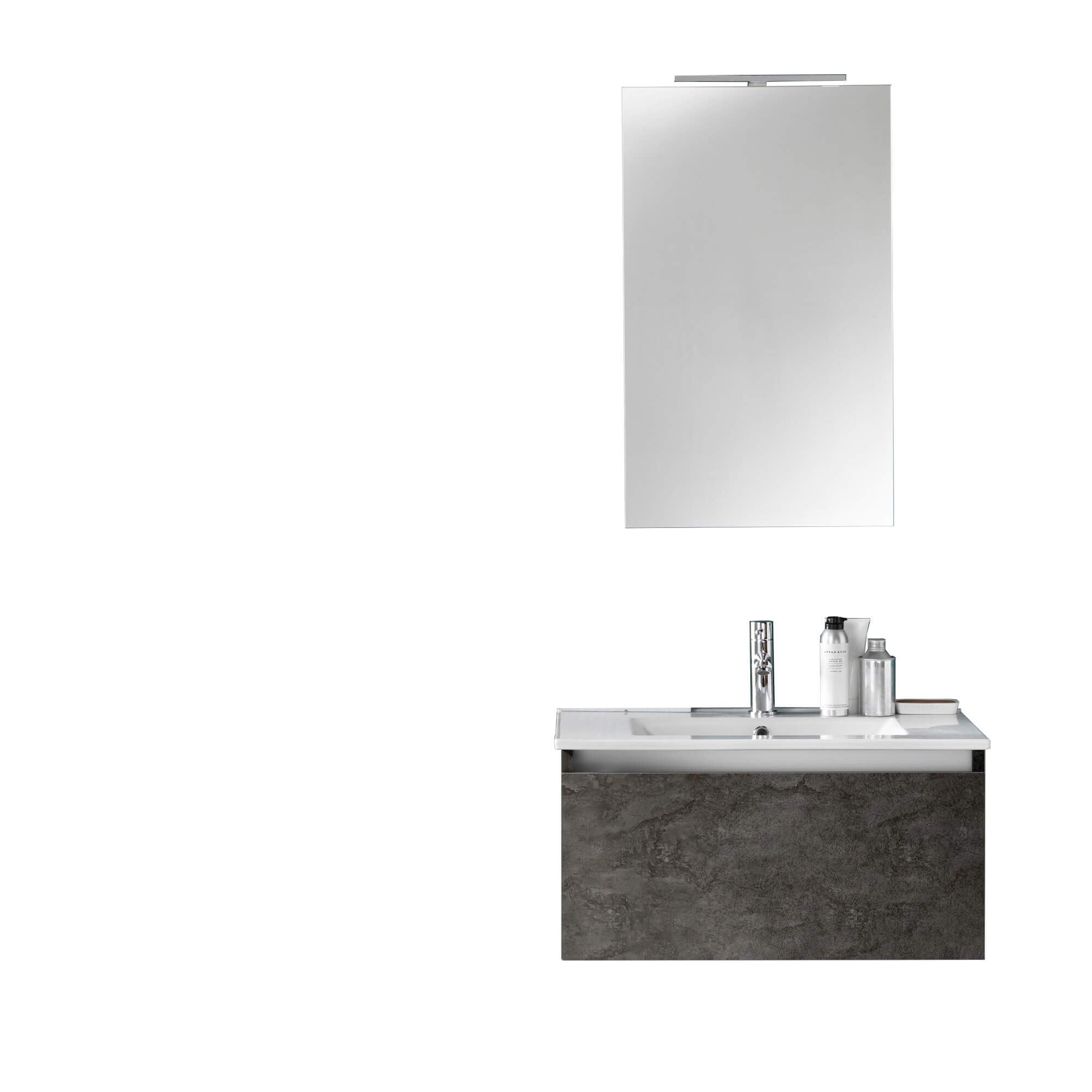 Composizione Mobile Bagno 70cm Sospeso Cassetto Specchio E Lampada - Ossido