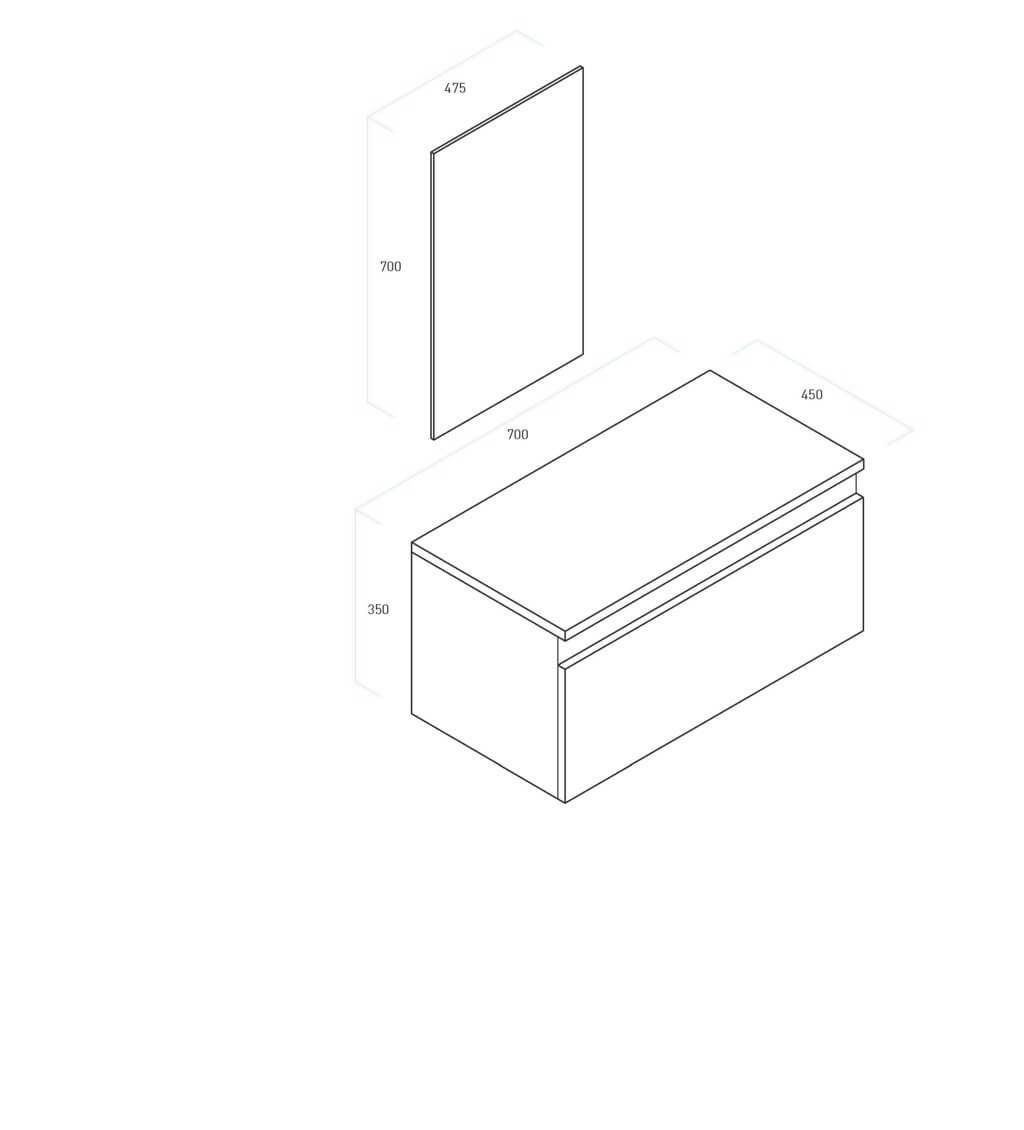 Composizione Mobile Bagno 70cm Sospeso Cassetto Specchio E Lampada - Cemento