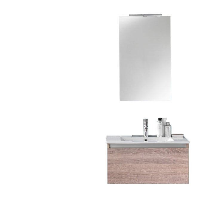 Composizione Mobile Bagno 70cm Sospeso Cassetto Specchio E Lampada - Tabacco Chiaro
