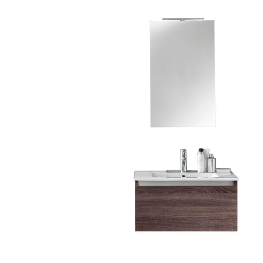 Composizione Mobile Bagno 70cm Sospeso Cassetto Specchio E Lampada - Tabacco Scuro