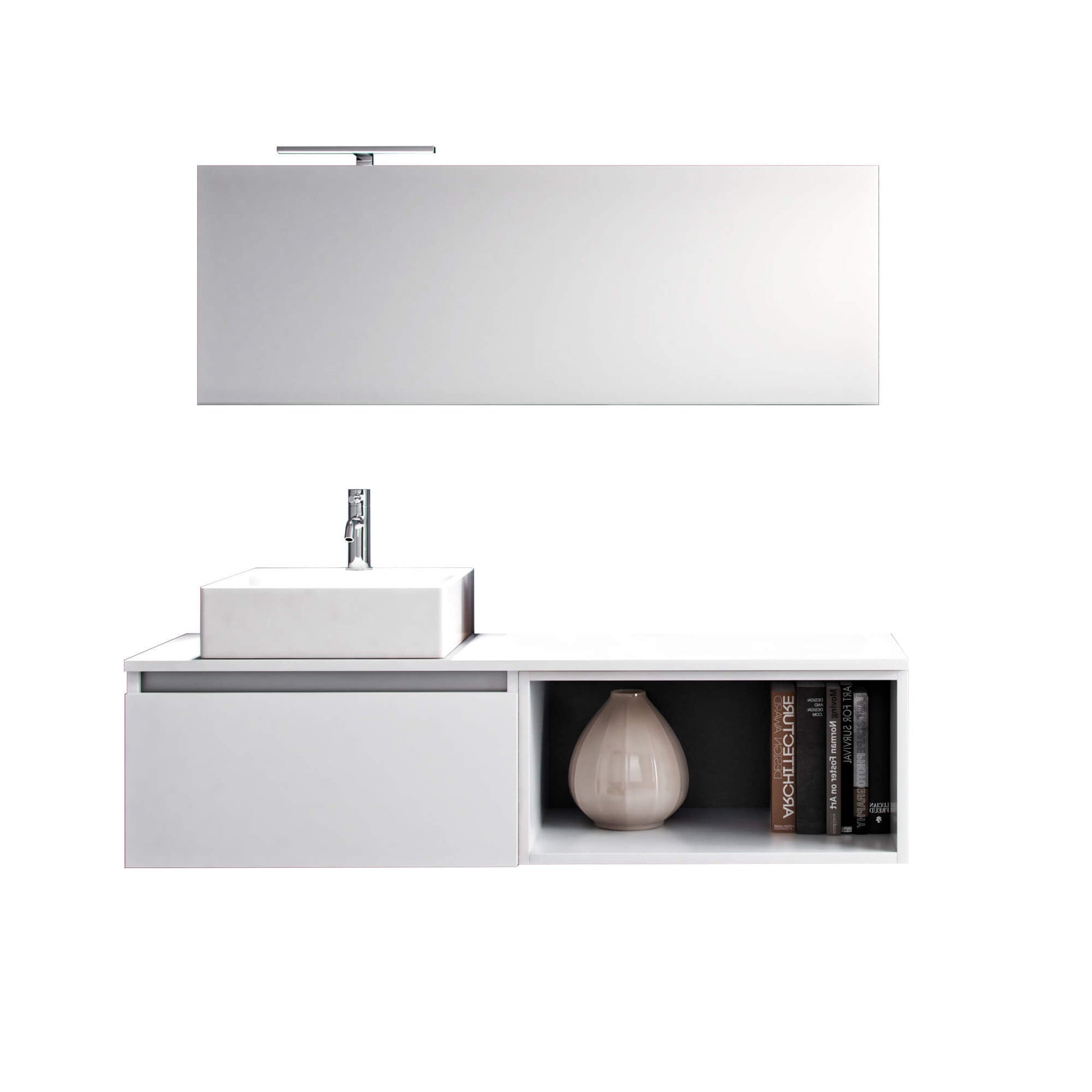 Mobile Bagno 70cm Sospeso Cassetto, Vano a Giorno, Specchio E Lampada - Laccato Bianco Opaco