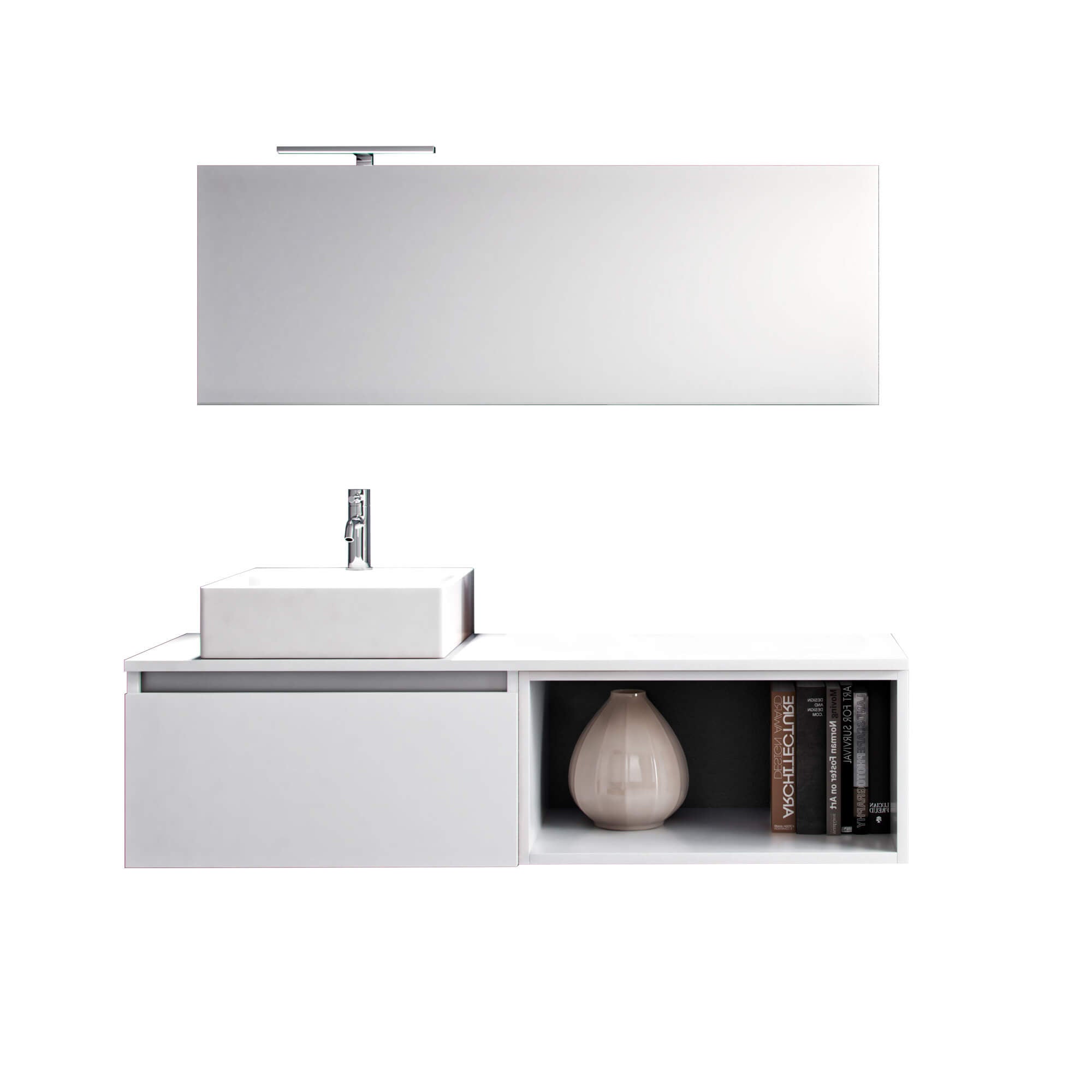 Mobile Bagno 70cm Sospeso Cassetto, Vano a Giorno, Specchio E Lampada - Laccato Bianco Opaco