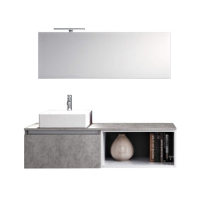 Mobile Bagno 70cm Sospeso Cassetto, Vano a Giorno, Specchio E Lampada - Cemento