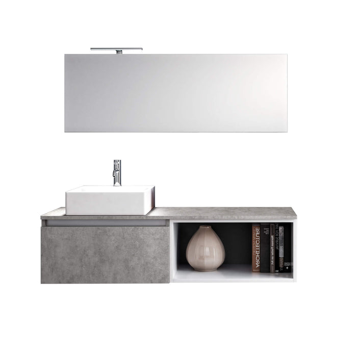 Mobile Bagno 70cm Sospeso Cassetto, Vano a Giorno, Specchio E Lampada - Cemento