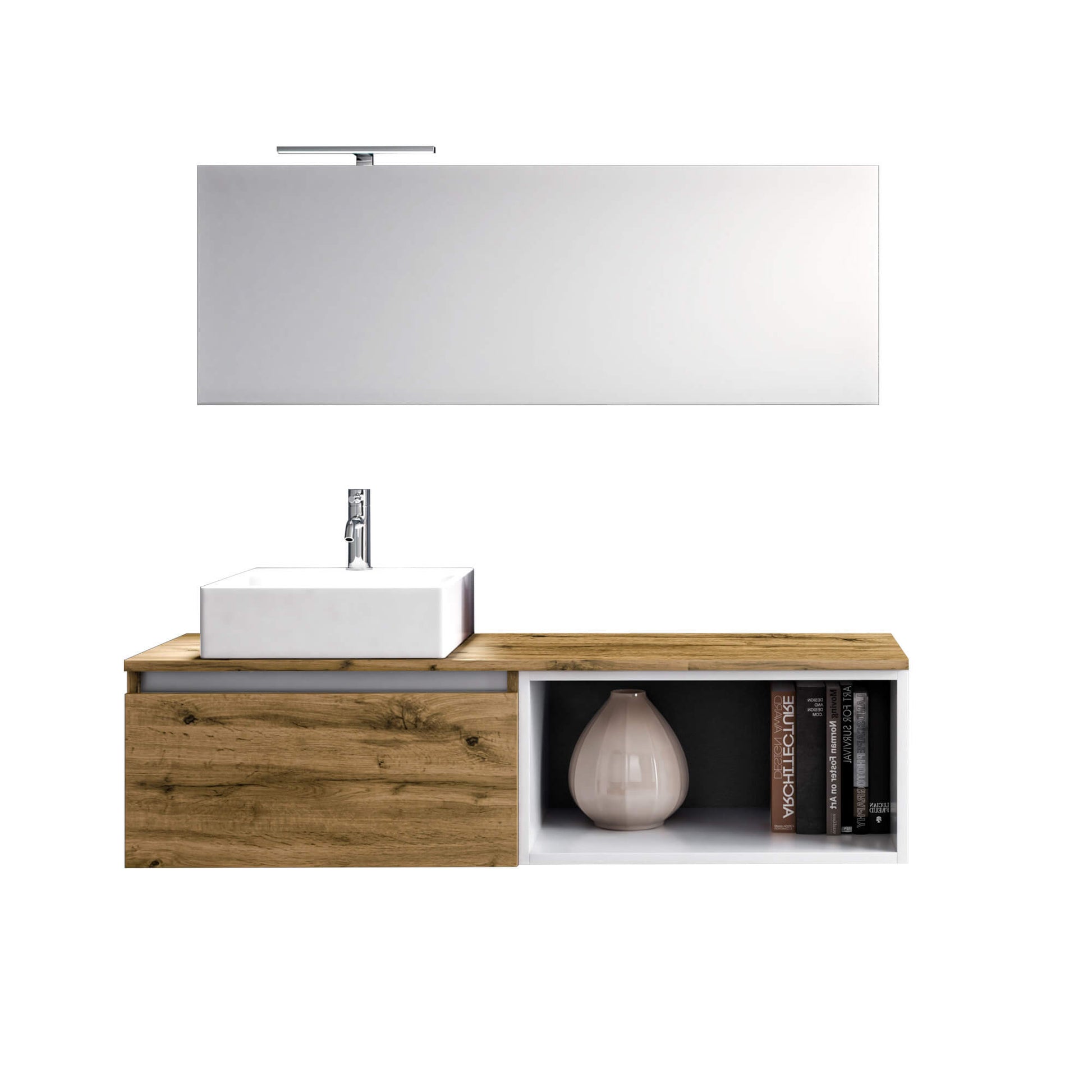 Mobile Bagno 70cm Sospeso Cassetto, Vano a Giorno, Specchio E Lampada - Rovere Miele