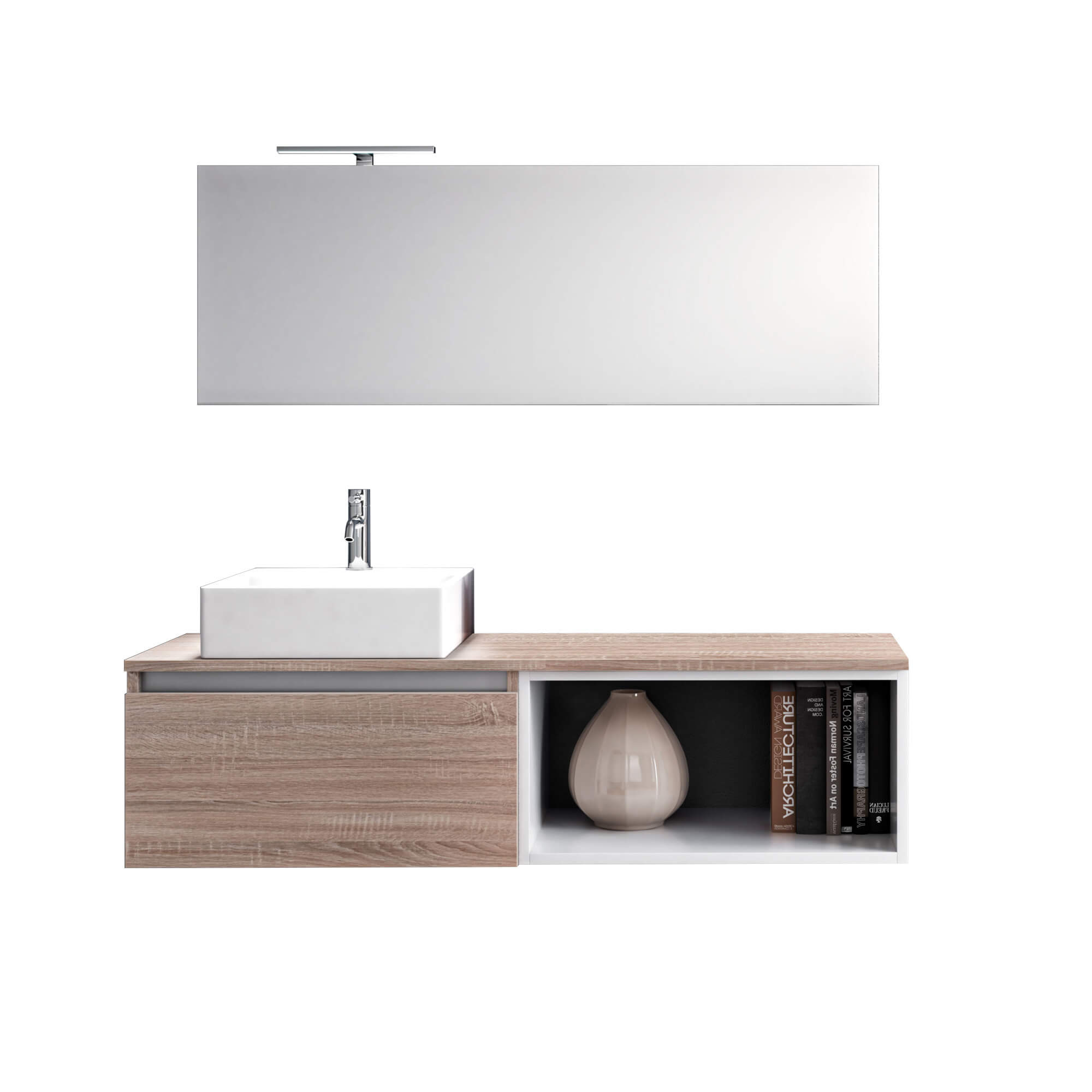 Mobile Bagno 70cm Sospeso Cassetto, Vano a Giorno, Specchio E Lampada - Tabacco Chiaro