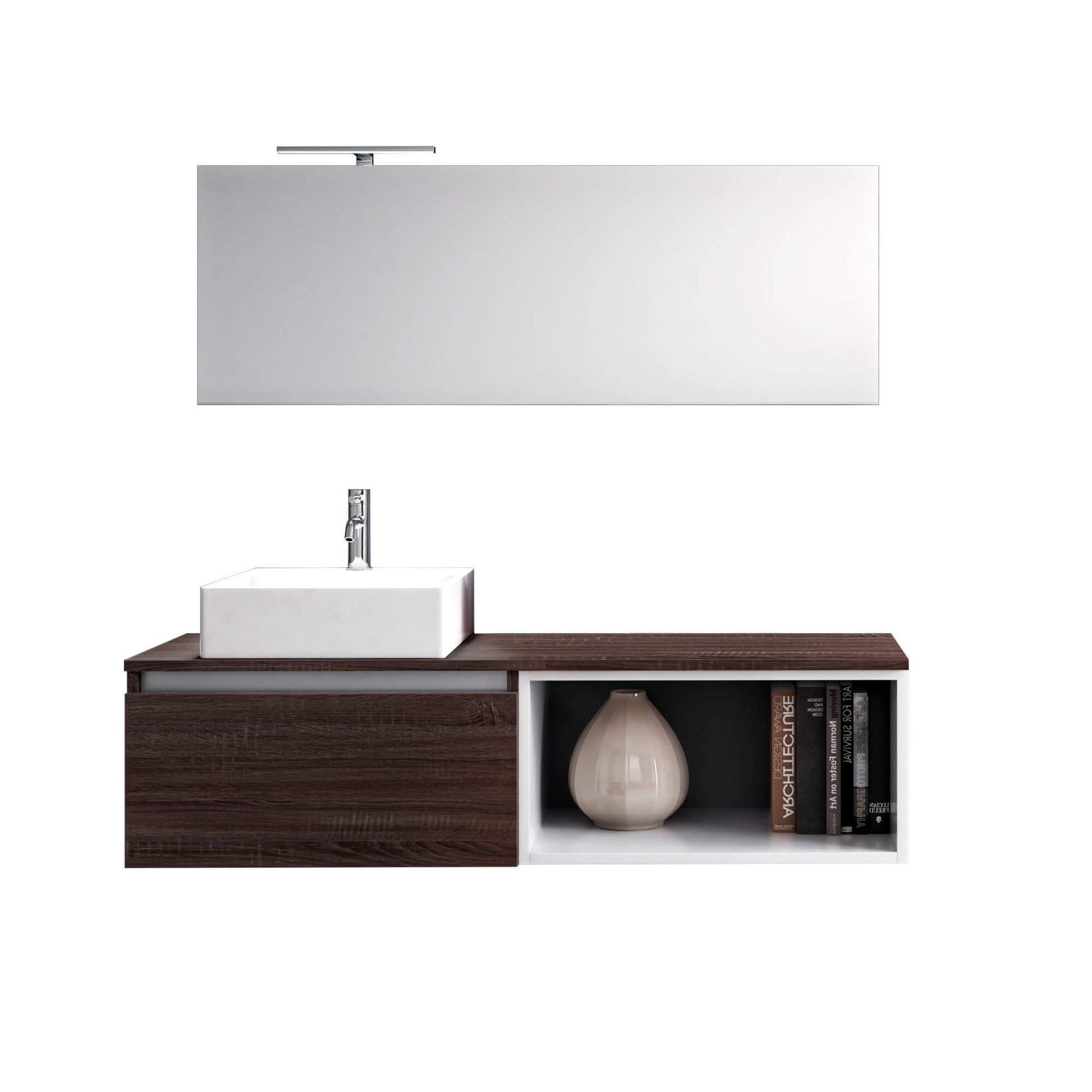 Mobile Bagno 70cm Sospeso Cassetto, Vano a Giorno, Specchio E Lampada - Tabacco Scuro
