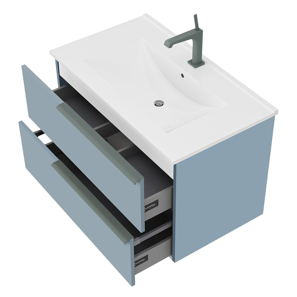 Mobile bagno sospeso 80 blu pastello con lavabo e specchio a filo LED Victoria 