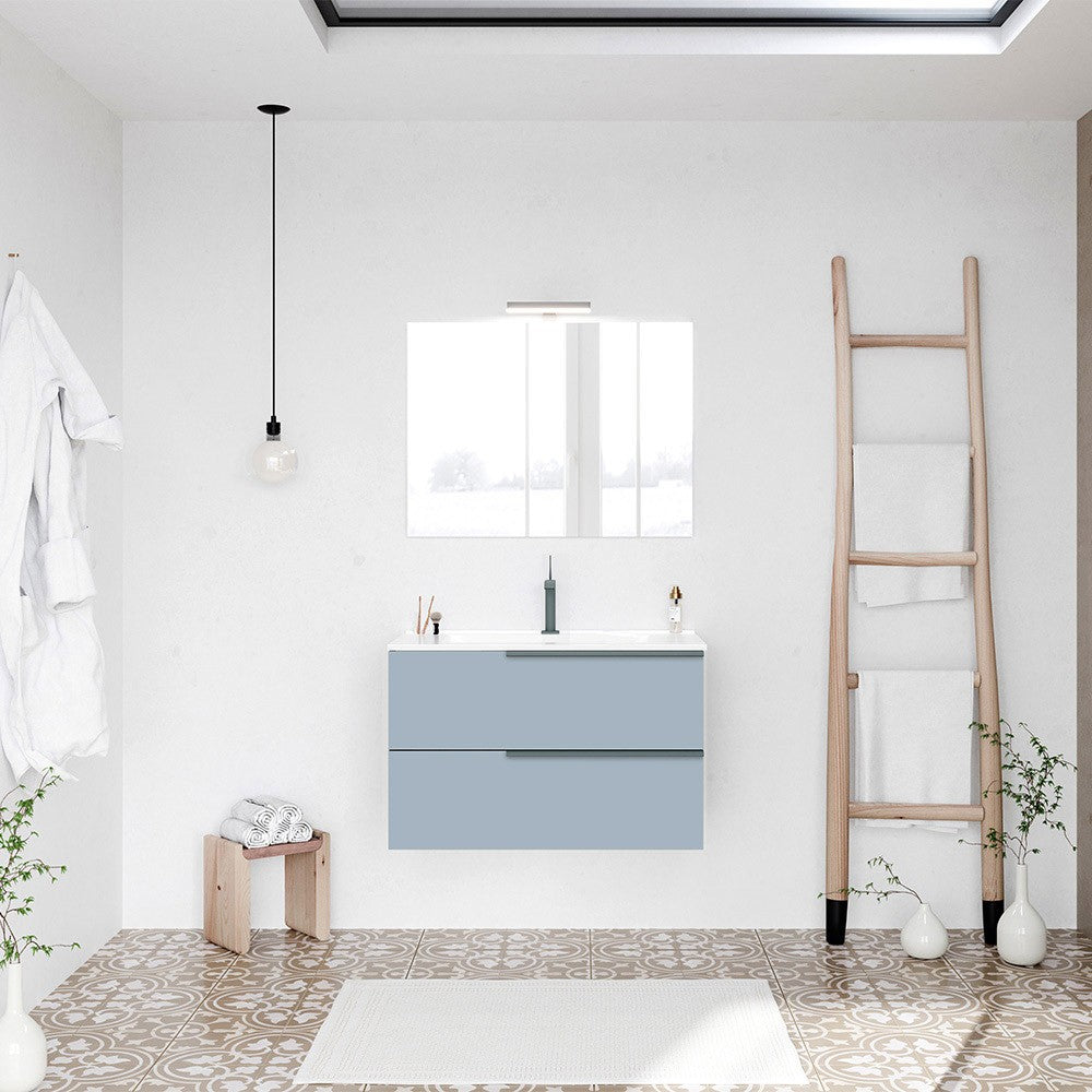 Mobile bagno sospeso 80 blu pastello con lavabo e specchio a filo LED Victoria 