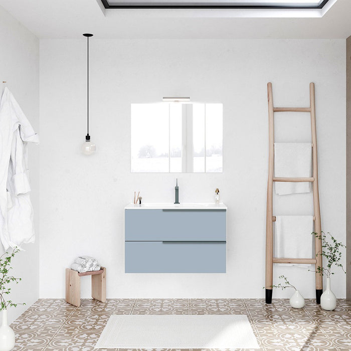 Mobile bagno sospeso 80 blu pastello con lavabo e specchio a filo LED Victoria 