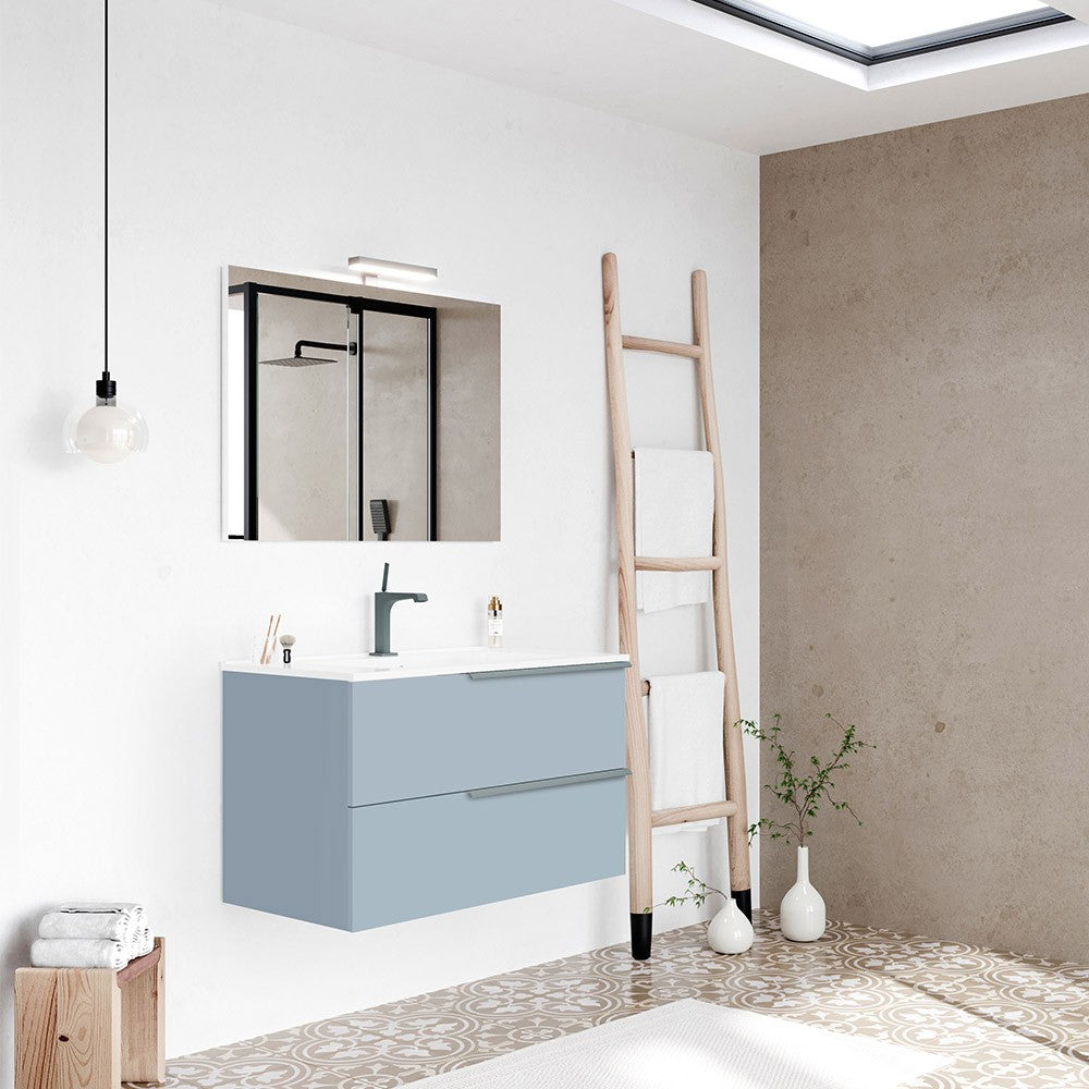 Mobile bagno sospeso 80 blu pastello con lavabo e specchio a filo LED Victoria 