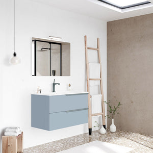 Mobile bagno sospeso 80 blu pastello con lavabo e specchio a filo LED Victoria 