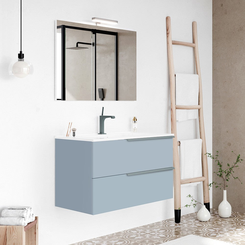 Mobile bagno sospeso 80 blu pastello con lavabo e specchio a filo LED Victoria 