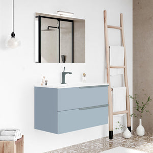 Mobile bagno sospeso 80 blu pastello con lavabo e specchio a filo LED Victoria 