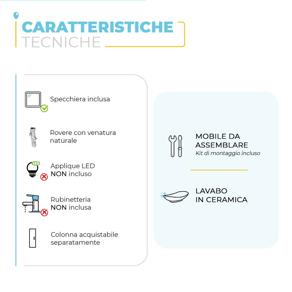 Mobile bagno sospeso 80 cm 2 ante serie Oasi rovere con specchio e lavabo