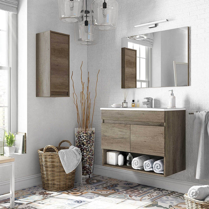 Mobile bagno sospeso 80 cm 2 ante serie Oasi rovere con specchio e lavabo