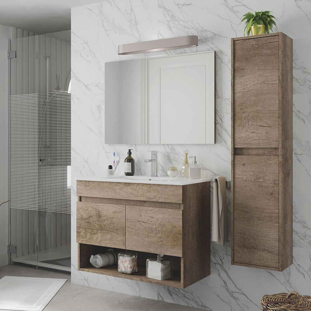 Mobile bagno sospeso 80 cm 2 ante serie Oasi rovere con specchio e pensile