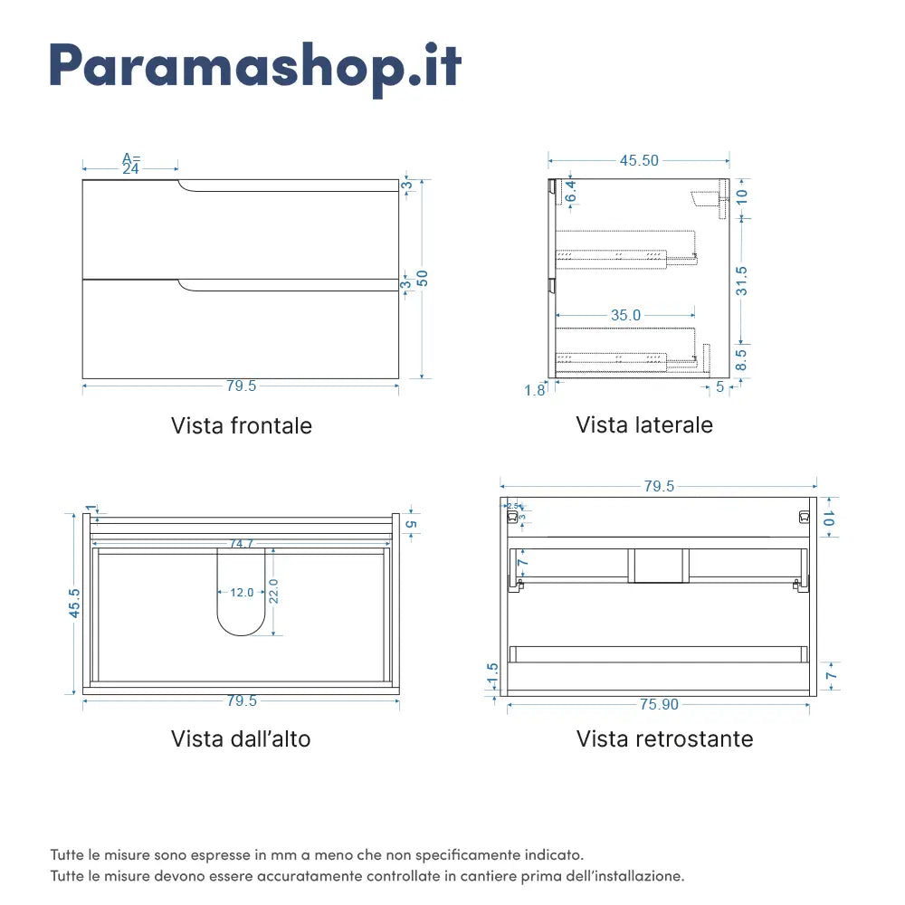 Mobile bagno sospeso 80 cm due cassetti blu zaffiro opaco con lavabo | Ardenne