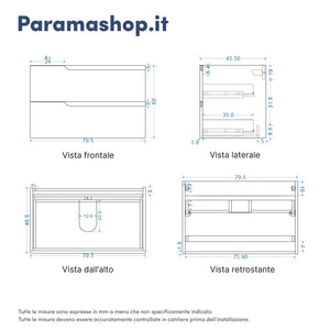 Mobile bagno sospeso 80 cm due cassetti bianco opaco con top | Ardenne