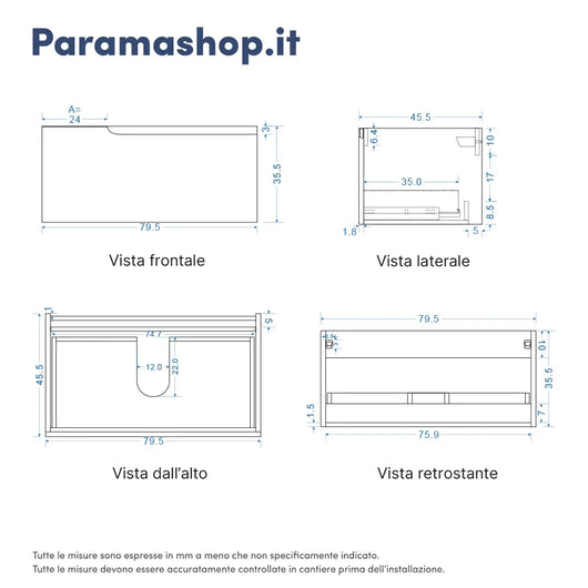 Mobile bagno sospeso 80 cm un cassetto carta da zucchero con top | Ardenne