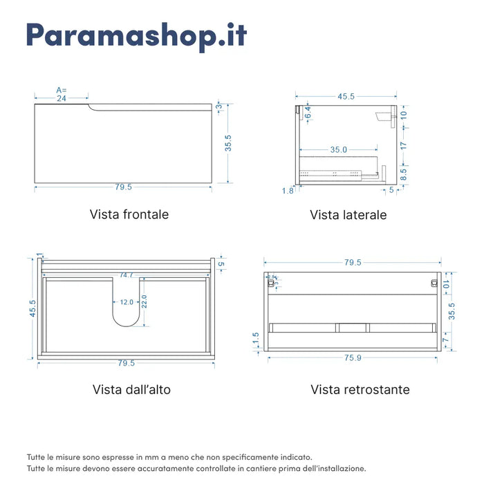 Mobile bagno sospeso 80 cm un cassetto grigio opaco con top | Ardenne