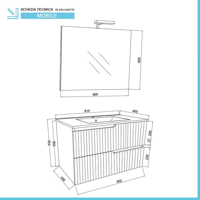 Mobile bagno sospeso 80 cm bianco cannettato e olmo con specchio Porto