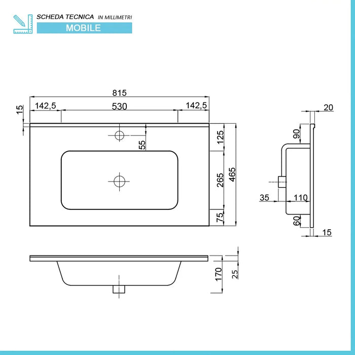 Mobile bagno sospeso 80 cm bianco cannettato e olmo con specchio Porto