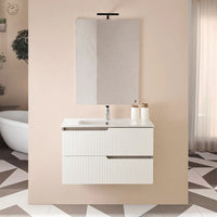 Mobile bagno sospeso 80 cm bianco cannettato e olmo con specchio Porto