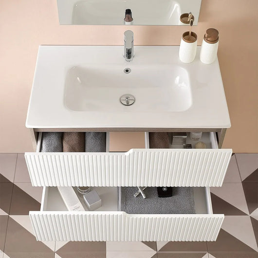 Mobile bagno sospeso 80 cm bianco cannettato e olmo con specchio Porto