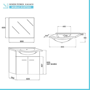 Mobile bagno sospeso 80 cm bianco completo di lavabo e specchio Desya