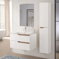 Mobile bagno sospeso 80 cm bianco e quercia con lavabo e specchio Sumya