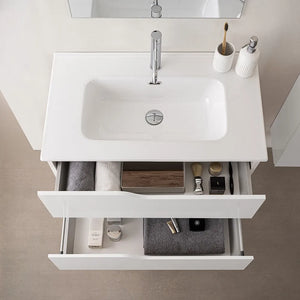 Mobile bagno sospeso 80 cm bianco e quercia con lavabo e specchio Sumya