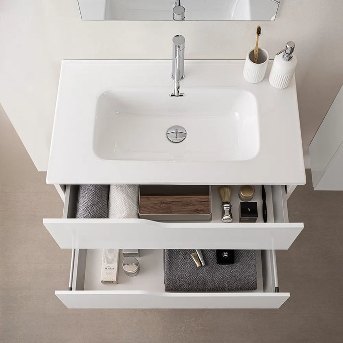 Mobile bagno sospeso 80 cm bianco e quercia con lavabo e specchio Sumya