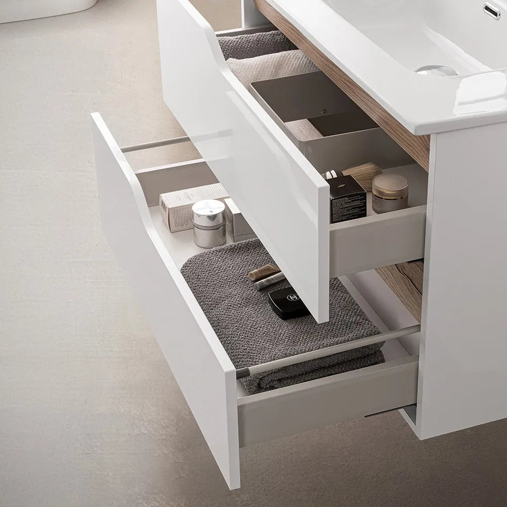 Mobile bagno sospeso 80 cm bianco e quercia con lavabo e specchio Sumya