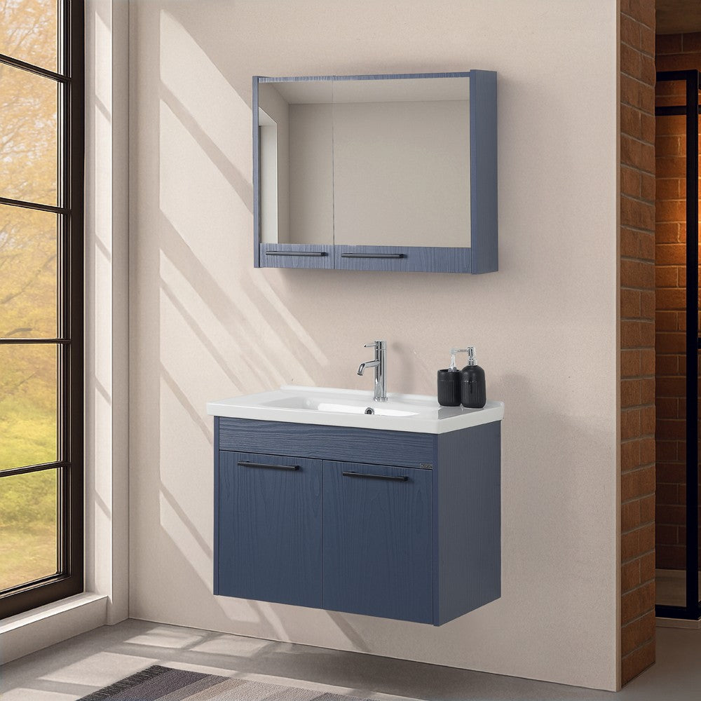 Mobile bagno sospeso 80 cm blu effetto legno con armadietto a specchio Sofia