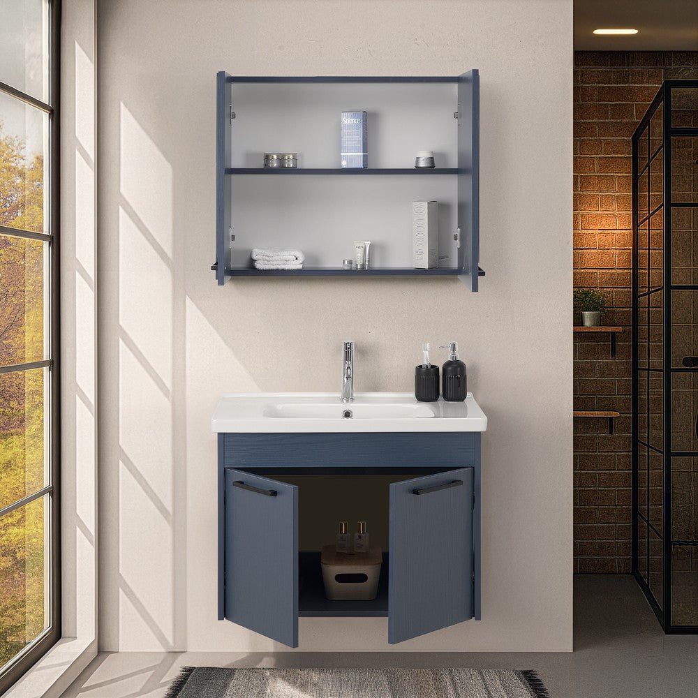 Mobile bagno sospeso 80 cm blu effetto legno con armadietto a specchio Sofia