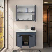 Mobile bagno sospeso 80 cm blu effetto legno con armadietto a specchio Sofia