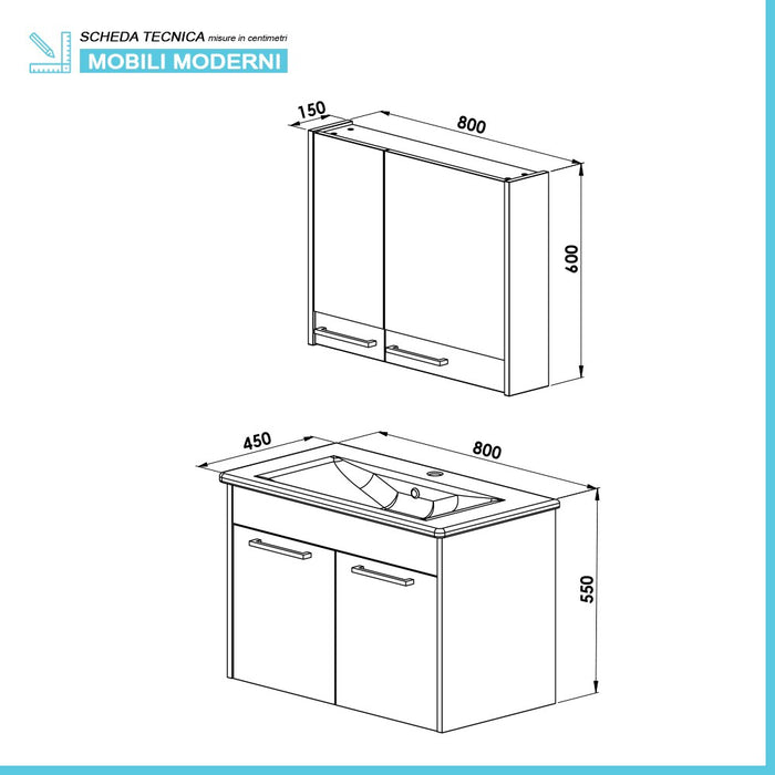 Mobile bagno sospeso 80 cm blu effetto legno con armadietto a specchio Sofia