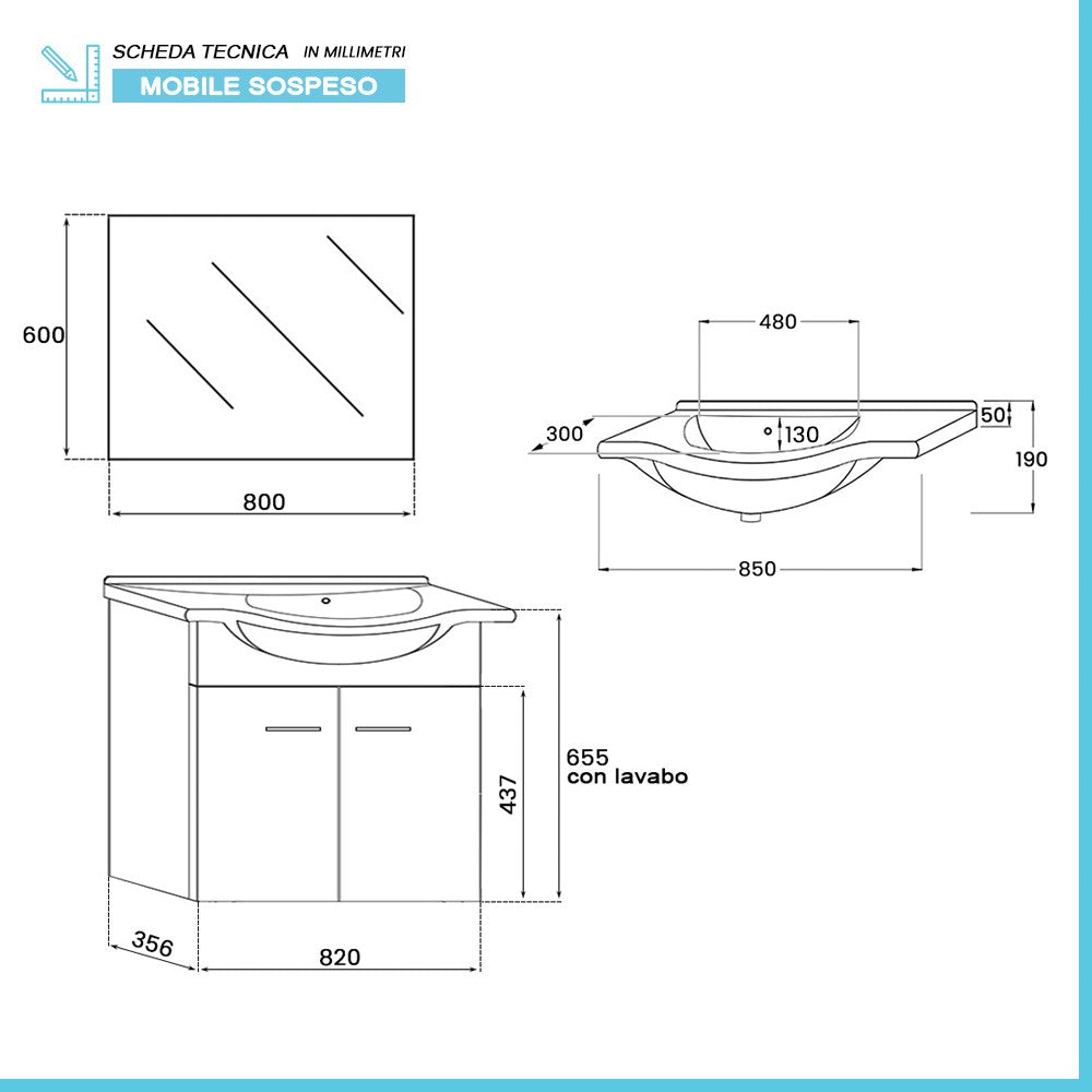 Mobile bagno sospeso 80 cm grigio completo di lavabo e specchio Desya