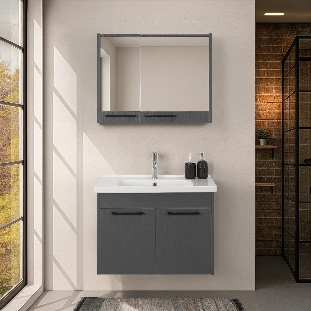 Mobile bagno sospeso 80 cm grigio effetto legno con armadietto a specchio Sofia