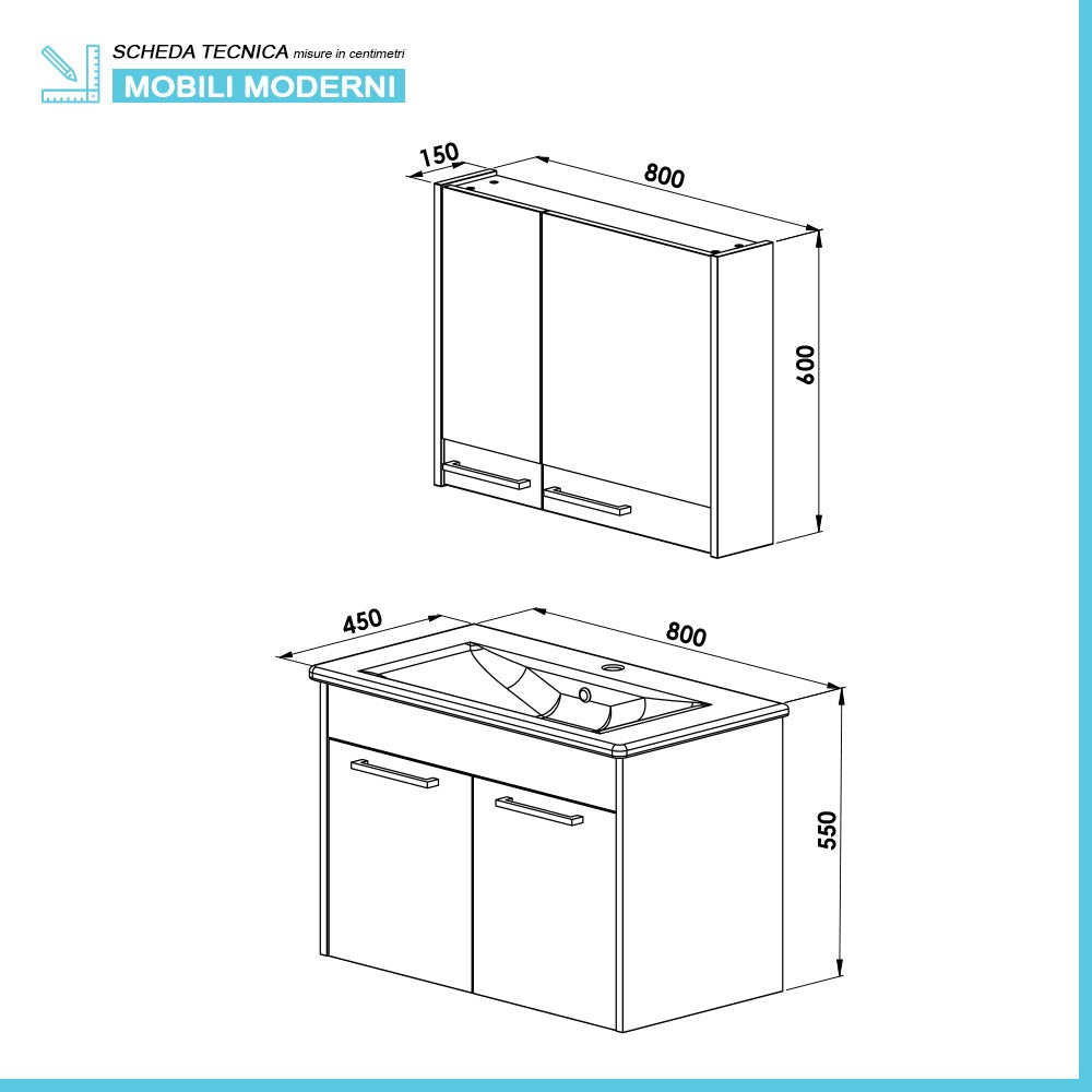 Mobile bagno sospeso 80 cm grigio effetto legno con armadietto a specchio Sofia