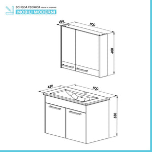 Mobile bagno sospeso 80 cm grigio effetto legno con armadietto a specchio Sofia